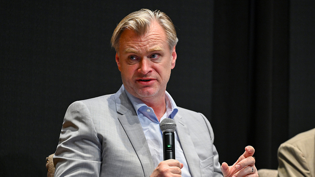 Christopher Nolan speaks at a panel in New York after a screening session of his new movie Oppenheimer, July 15, 2023. /CFP