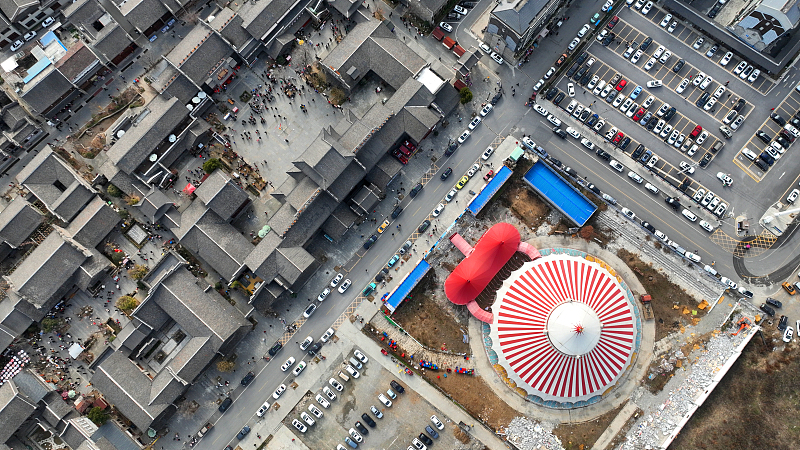 An aerial view shows Xiguan Ancient Street in Fangxian County, Shiyan City, Hubei Province. /CFP