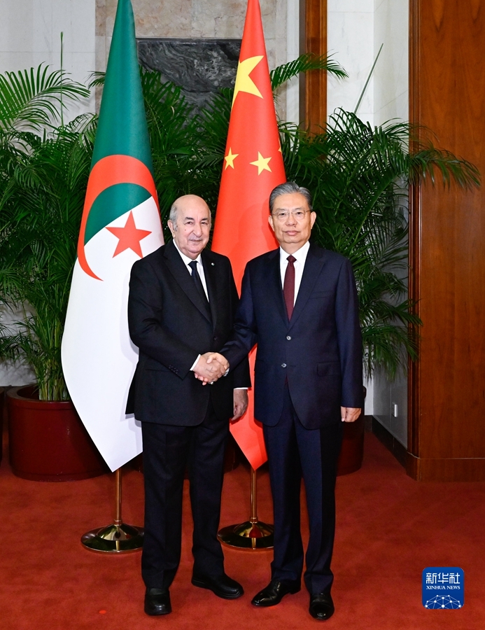 Zhao Leji (R), a member of the Standing Committee of the Political Bureau of the Communist Party of China Central Committee and chairman of the National People's Congress Standing Committee, meets Algerian President Abdelmadjid Tebboune in Beijing, China, July 19, 2023. /Xinhua