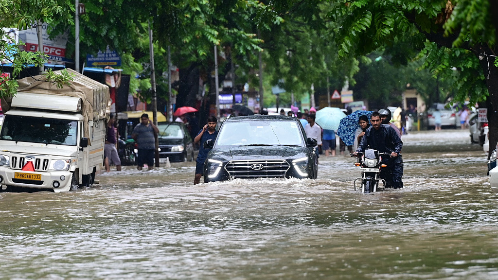 Flooded streets of phase 11 in Mohali after the heavy rain in Chandigarh, India, July 9, 2023. /CFP