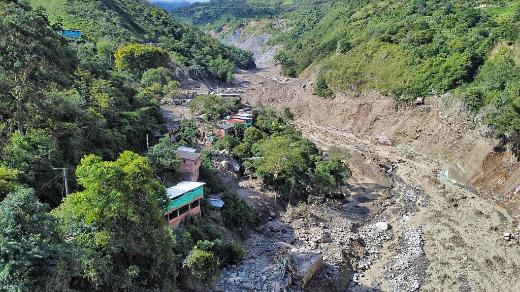 Aerial view of the site of a landslide in the Quetame municipality, Cundinamarca department, Colombia, July 18, 2023. /CFP
