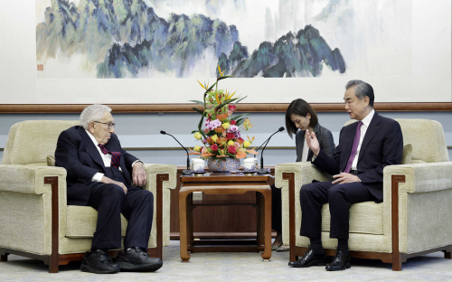 Wang Yi, director of the Office of the Foreign Affairs Commission of the Communist Party of China Central Committee (R) meets with former U.S. Secretary of State Henry Kissinger in Beijing, July 19, 2023. /Chinese Foreign Ministry