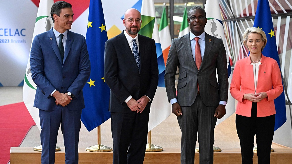From left to right, Spain's Prime Minister Pedro Sanchez, European Council President Charles Michel, Grenada's Minister for Foreign Affairs, Trade and Export Development Joseph Andall, and President of the European Commission Ursula von der Leyen pose as they arrive for the first day of a summit of European Union-Community of Latin American and Caribbean States Summit (EU-CELAC) at The European Council Building in Brussels, Belgium, July 17, 2023. /CFP