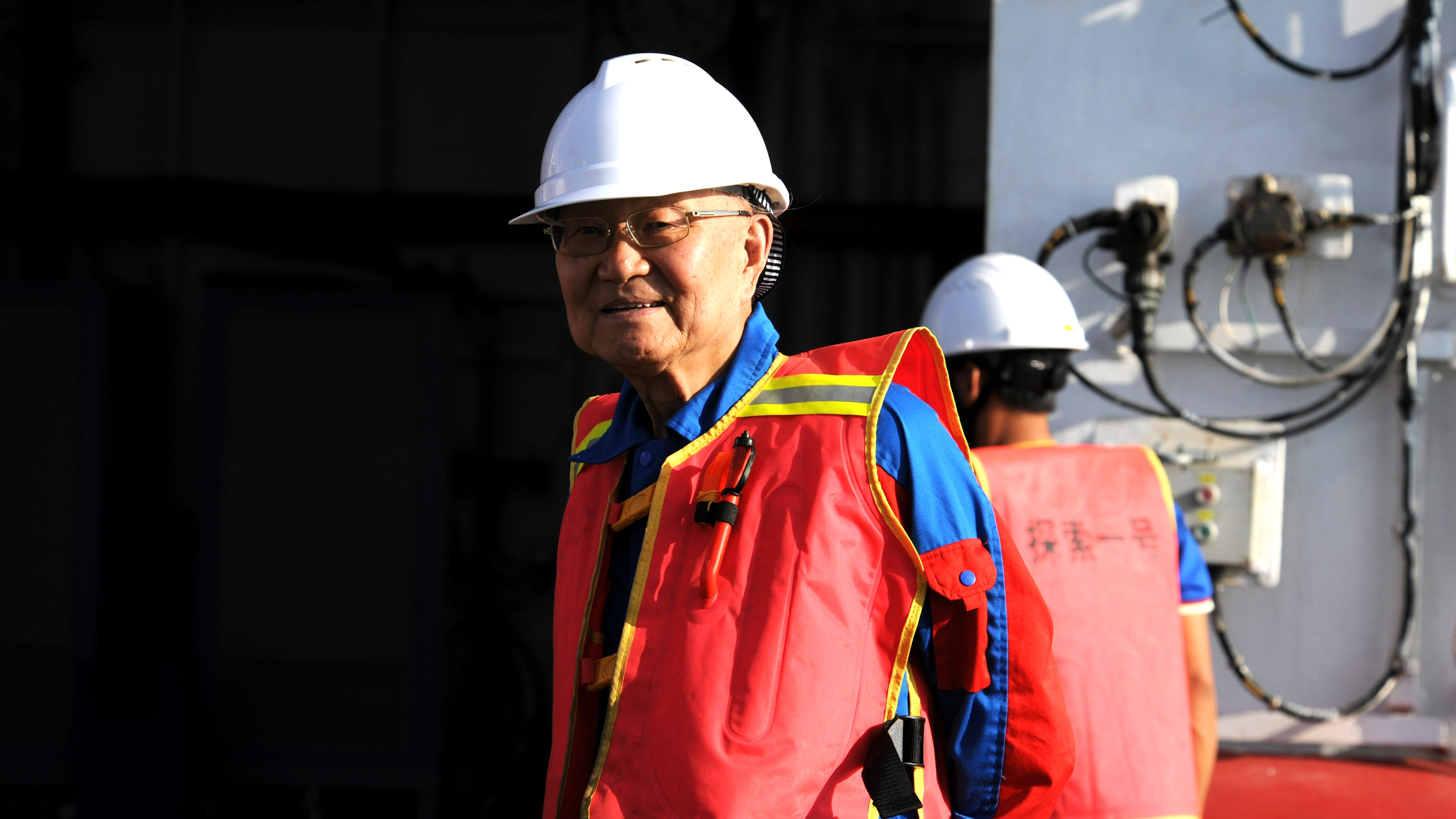 Wang Pinxian stands on deck of Chinese research ship Tansuo-1, May 2018. /School of Ocean and Earth Science of Tongji University