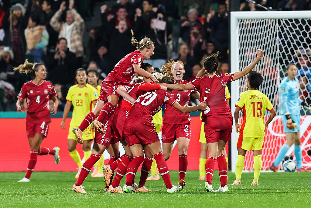 Players of Denmark celebrate after scoring a goal in the FIFA Women's World Cup against China at Perth Rectangular Stadium in Perth, Australia, July 22, 2023. /CFP