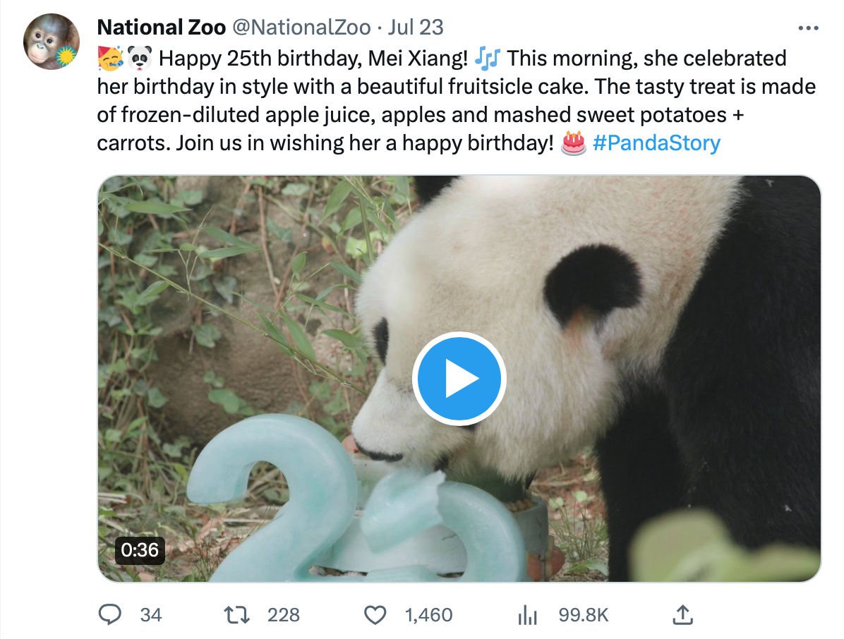 The Smithsonian's National Zoo in Washington, D.C. tweets to wish giant panda Mei Xiang a happy birthday. /CGTN
