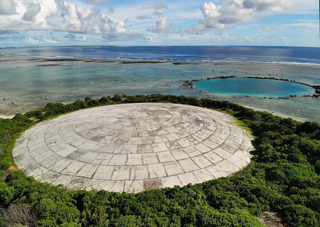 A dome is built over a huge nuclear test crater on Luunit Island, Marshall Islands, May 27, 2019. /CFP