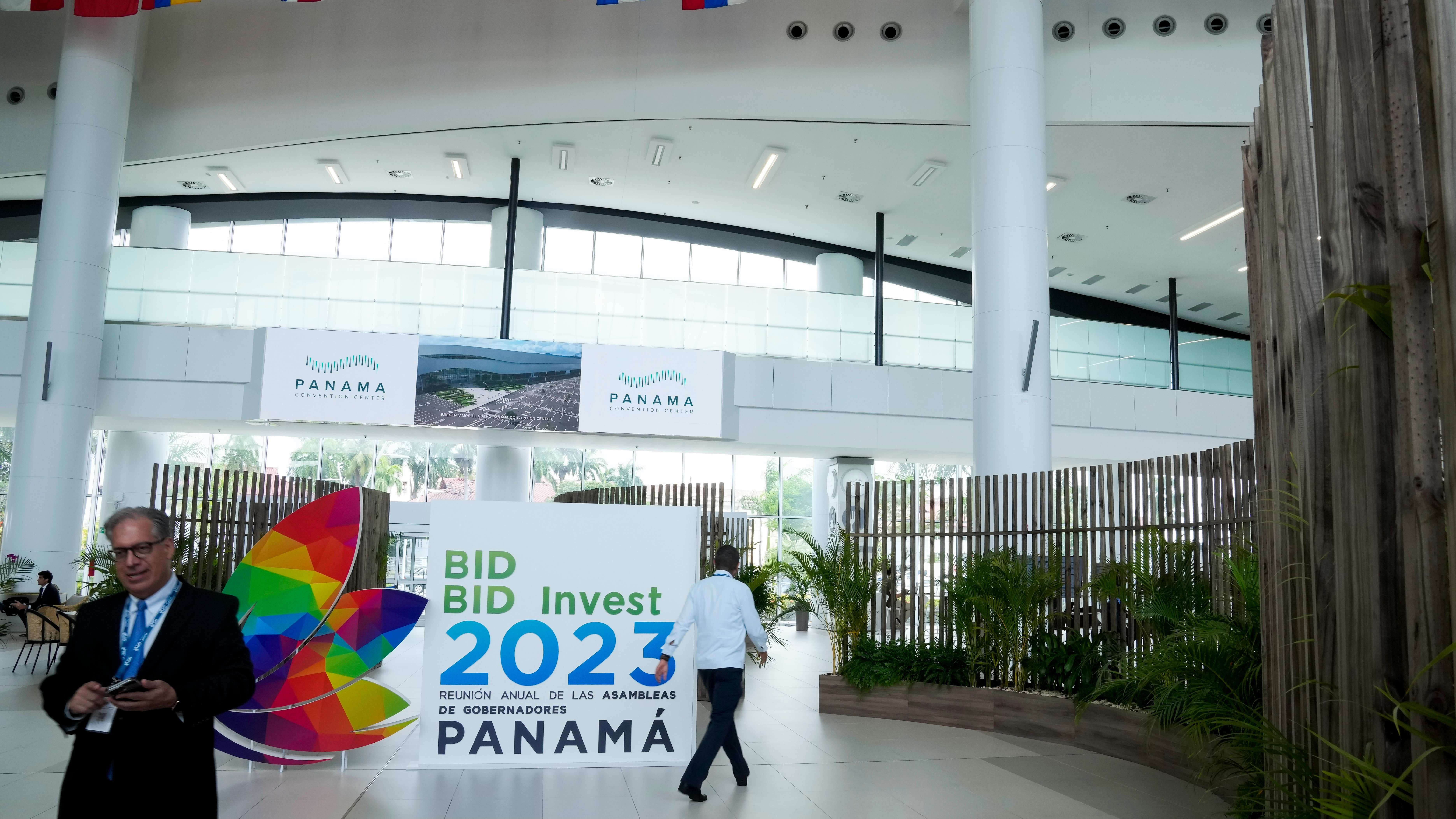 A sign promotes the opening day of the annual Board of Governors meeting for the Inter-American Development Bank at the Panama Convention Center in Panama City, Panama, March 16, 2023. /AP