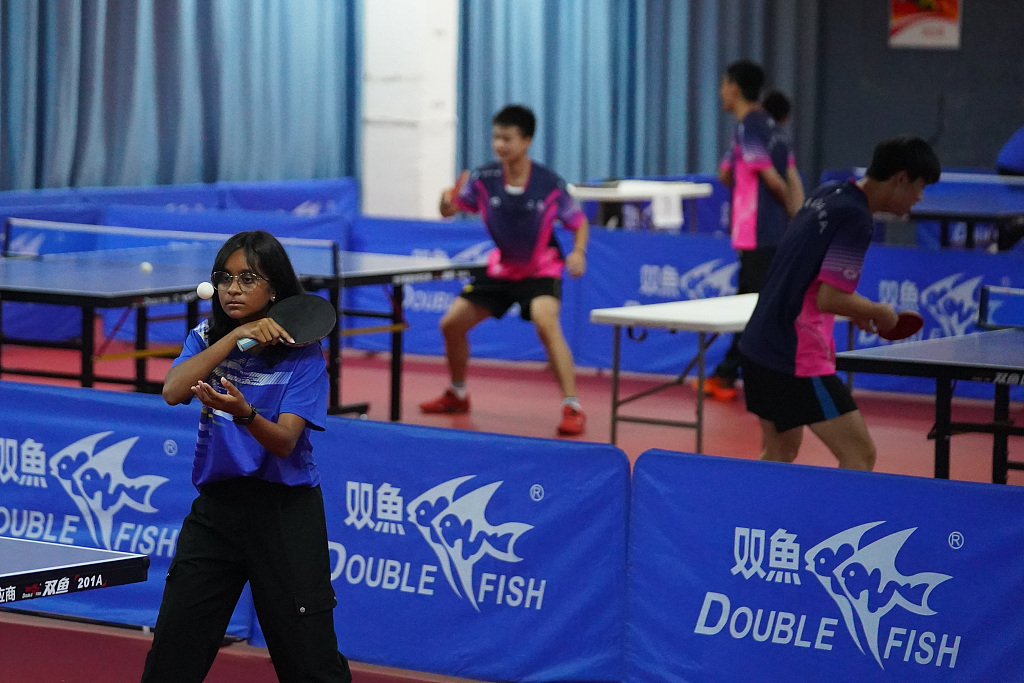 Young Maldivian table tennis players attend a training session with young players from the table tennis team of Yunnan in Kunming, southwest China's Yunnan Province, July 19, 2023. /CFP