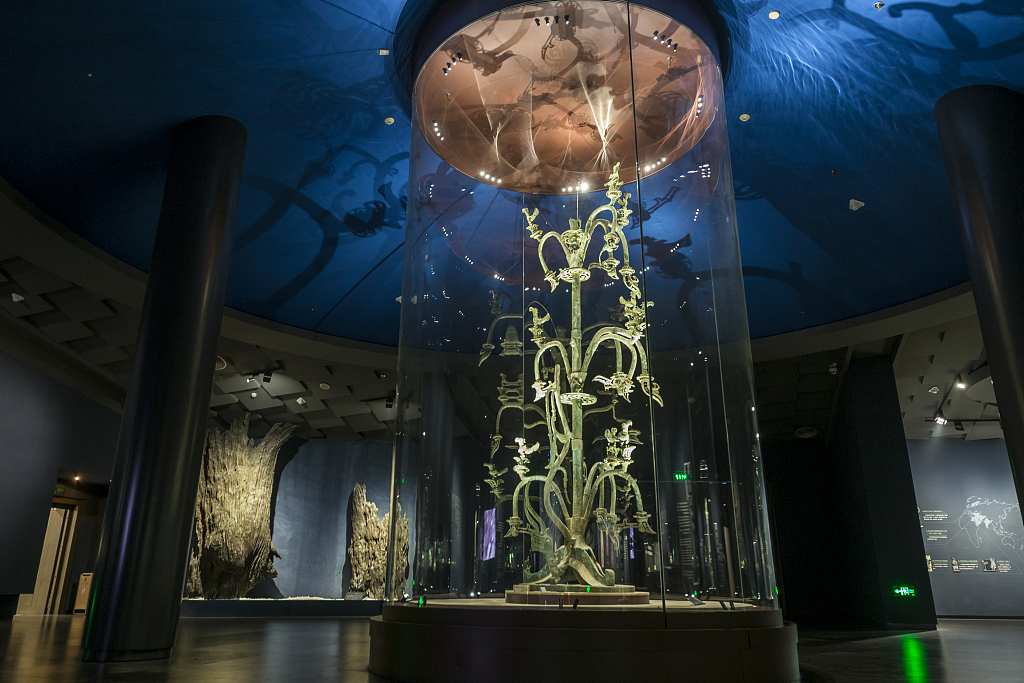 A file photo shows the bronze sacred tree on display at the Sanxingdui Museum in Guanghan, southwest China's Sichuan Province. /CFP