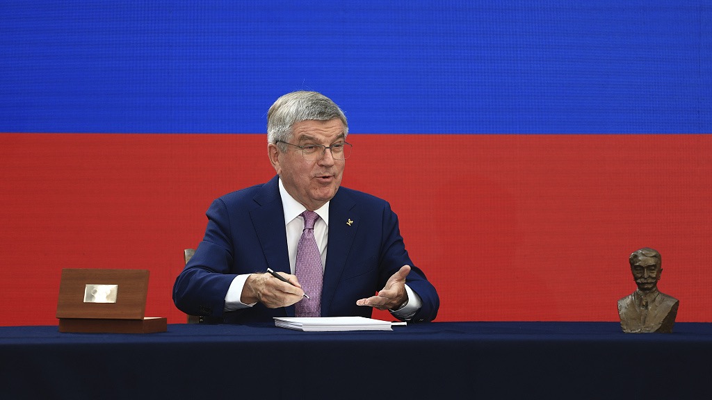 International Olympic Committee President Thomas Bach speaks during an invitation ceremony at the Paris 2024 committee headquarters in Paris, France, July 26, 2023. /CFP