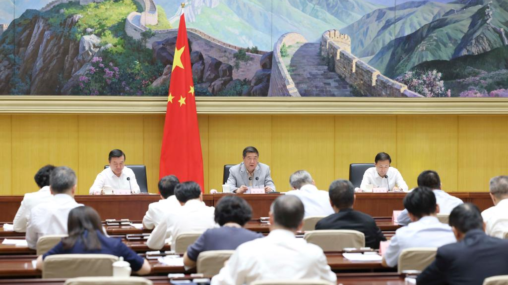 He Lifeng, a member of the Political Bureau of the Communist Party of China Central Committee and vice premier, speaks during a teleconference on advancing the work of urban village renewal in megacities, Beijing, capital of China, July 28, 2023. /Xinhua