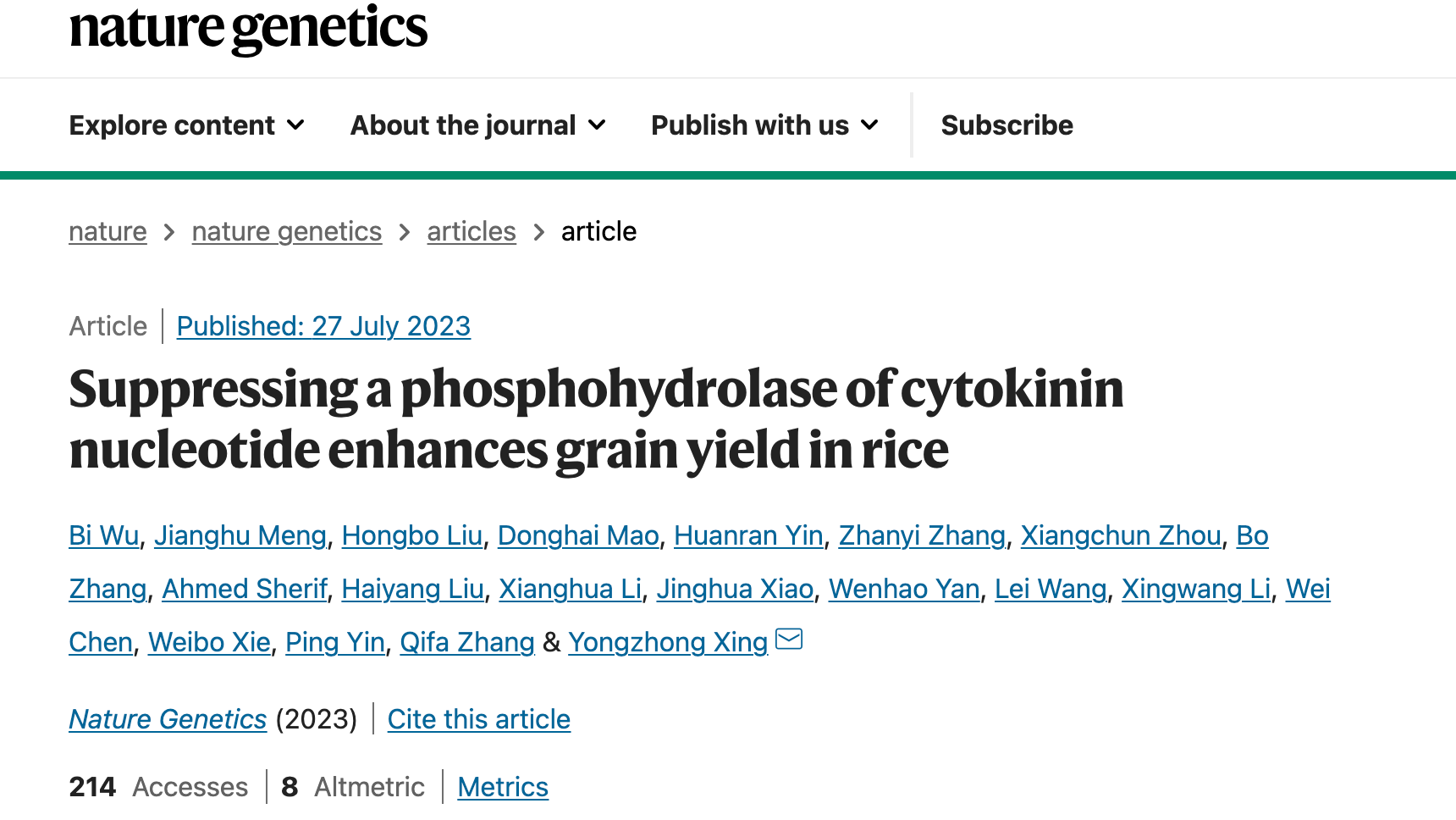 Screenshot of the study published on Nature Genetics. 