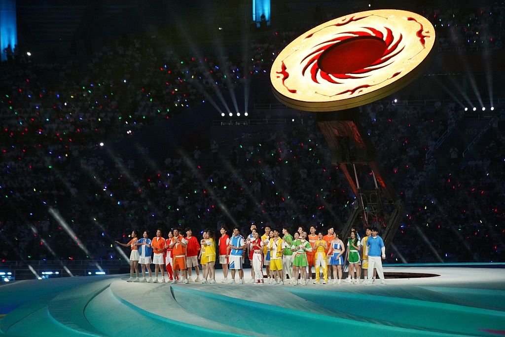 This photo, taken on July 28, 2023, shows a moment at the opening ceremony of the World University Summer Games at Dongan Lake Sports Park in Chengdu, Sichuan Province. /CFP