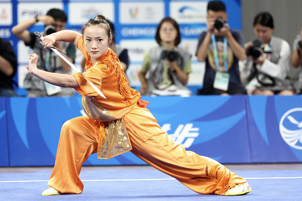 Song Cuifang of China competes during the Wushu women's Nandao event at the World University Games in Chengdu, China, July 29, 2023. /CFP