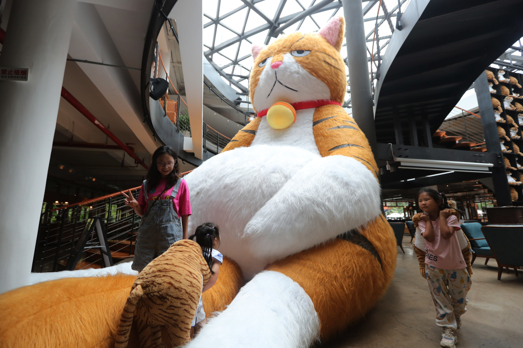 A giant cat is placed in a restaurant in Kunming, Yunnan Province on July 29, 2023. /CFP