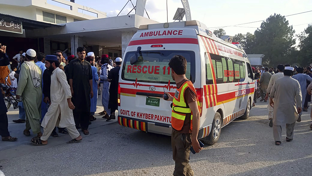 An ambulance carries injured people after a bomb explosion in the Bajaur district of Khyber Pakhtunkhwa Province, Pakistan, July 30, 2023. /CFP