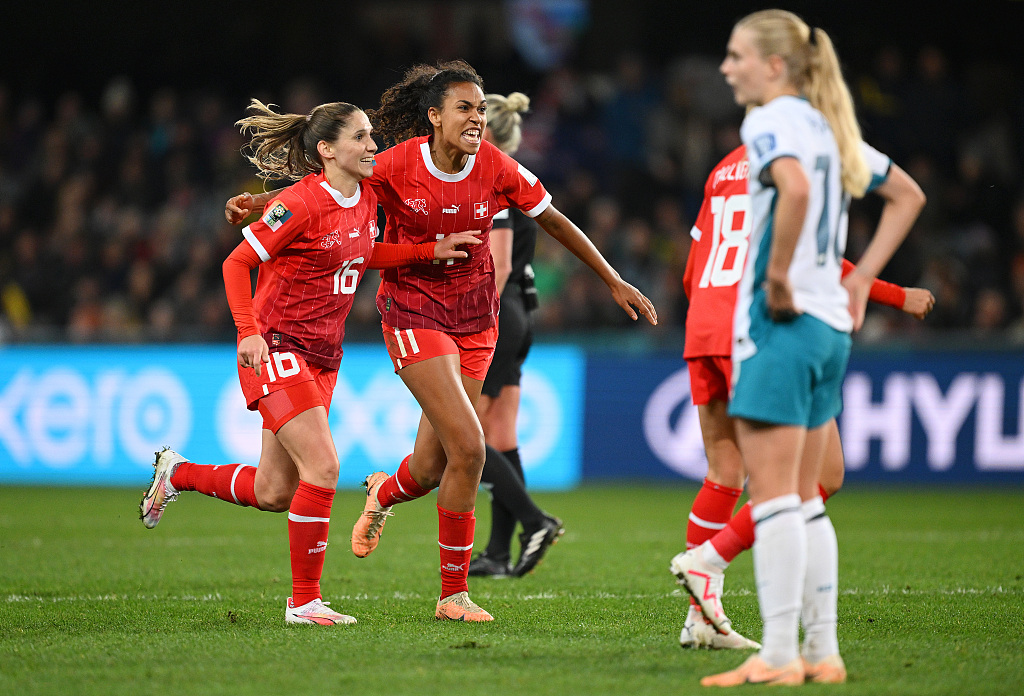 Swiss players celebrate during FIFA Women's World Cup group stage against New Zealand in in Dunedin, New Zealand, July 30, 2023. /CFP