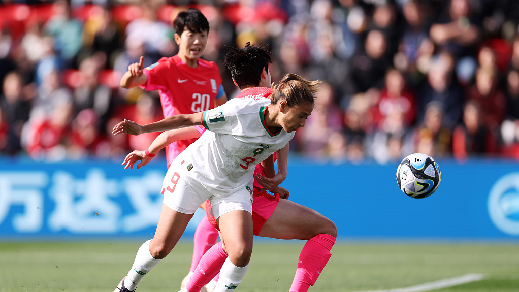 Ibtissam Jraidi of Morocco #9 heads to score her team's goal during FIFA Women's World Cup group stage against South Korea in Adelaide, Australia, July 30, 2023. /CFP