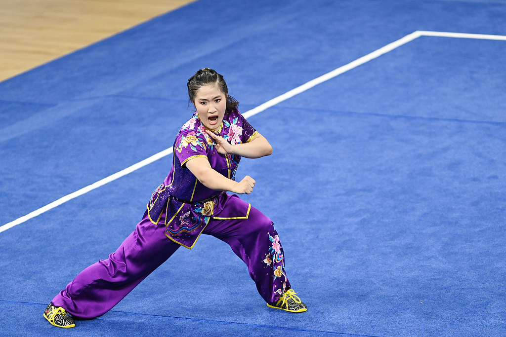 Wong Sam-in of China's Macao Special Administrative Region competes during the Wushu women's Nanquan event at the World University Games in Chengdu, China, July 30, 2023. /CFP