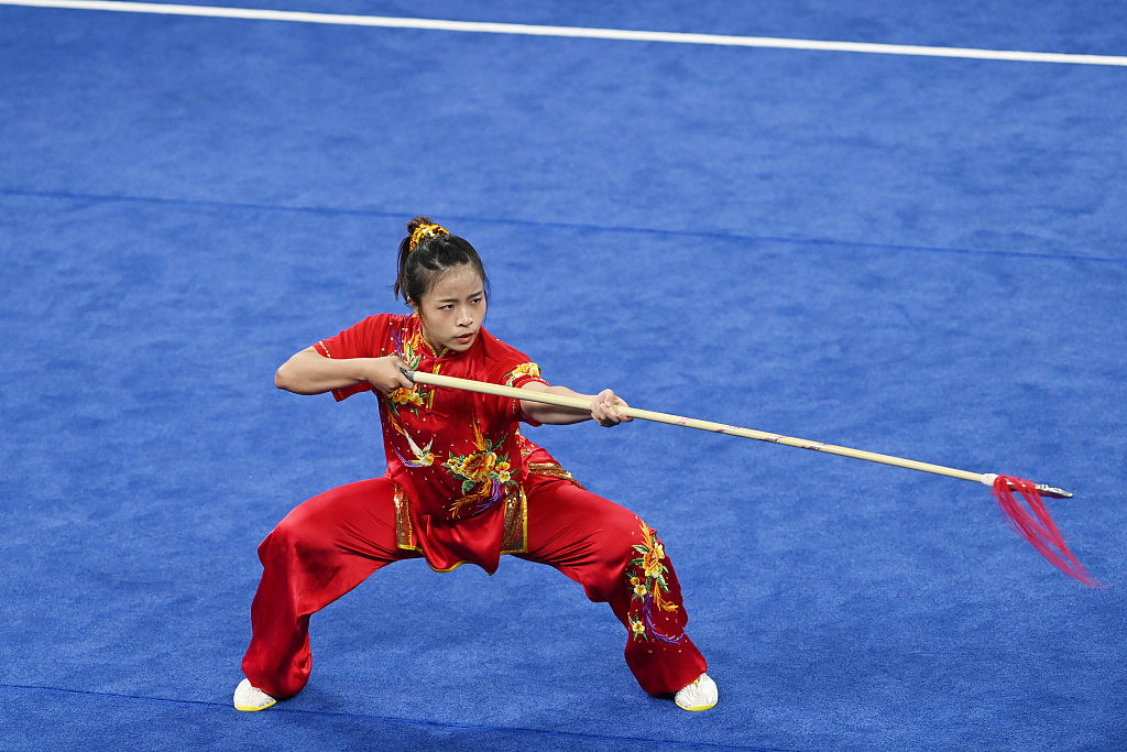 Tammy Tan Hui Ling of Malaysia competes in the Wuhsu women's Qiangshu event at the World University Games in Chengdu, China, July 30, 2023. /CFP