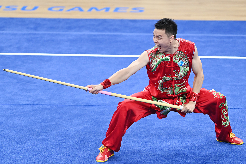 Cao Maoyuan of China competes in the Wushu men's Nangun event at the World University Games in Chengdu, China, July 30, 2023. /CFP