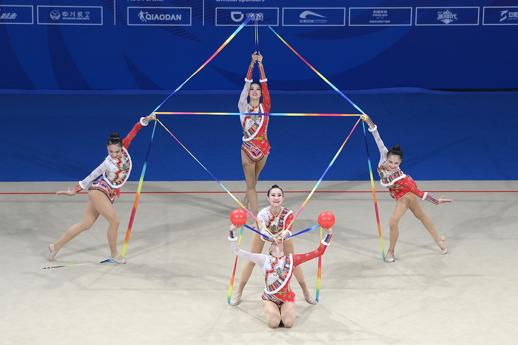 Athletes of Team China compete in the rhythmic gymnastics group all-around final at the World University Games in Chengdu, China, July 30, 2023. /CFP