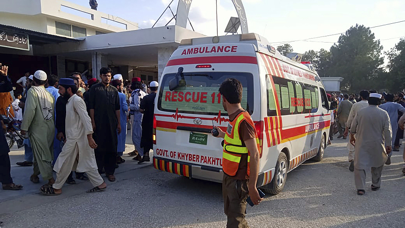 An ambulance carries injured people after a bomb explosion in the Bajur district of Khyber Pakhtunkhwa, Pakistan, July 30, 2023. /CFP