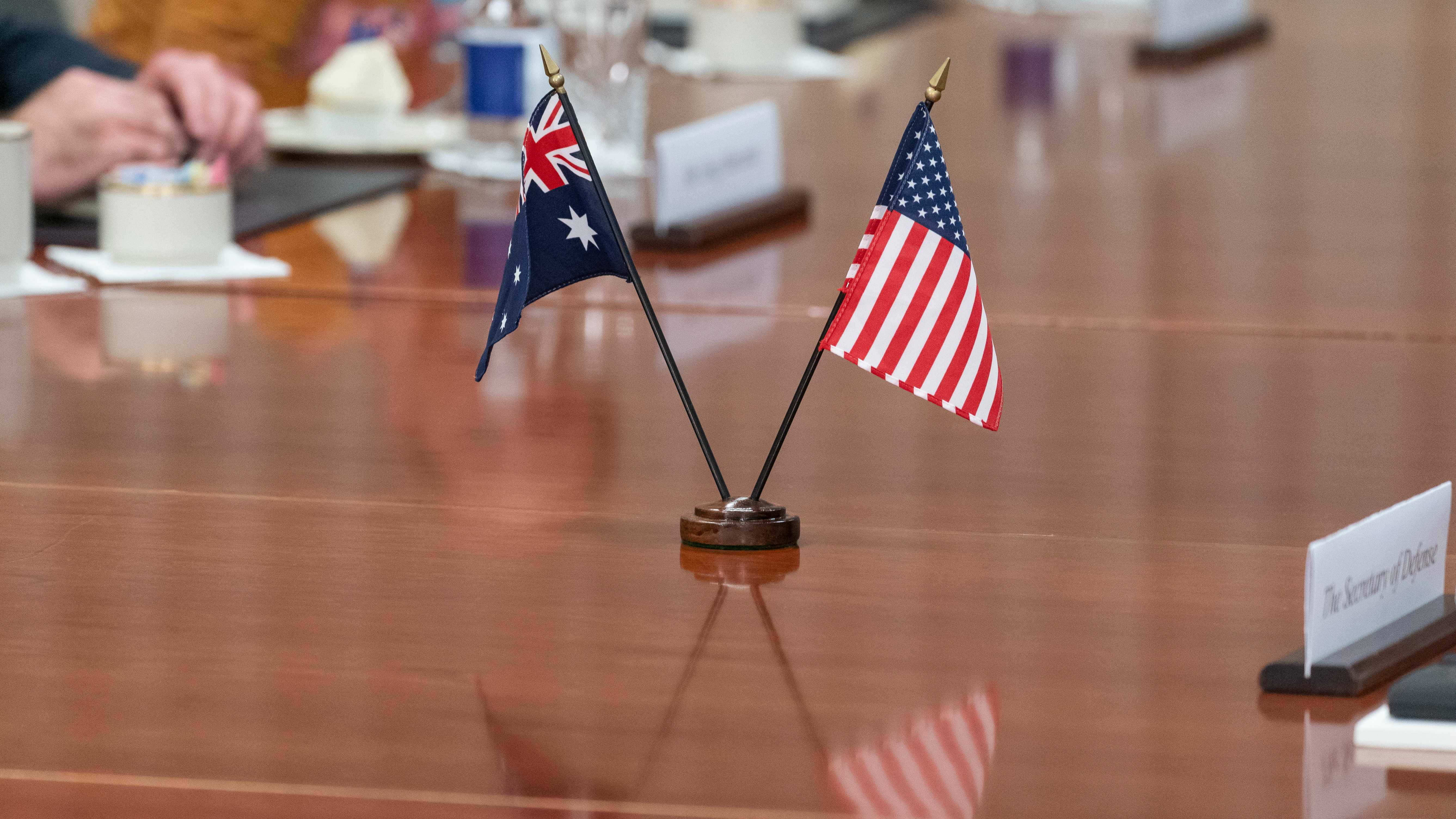 The Australian and American flags are displayed on the table at the Pentagon in Washington, U.S., July 13, 2022. /AP