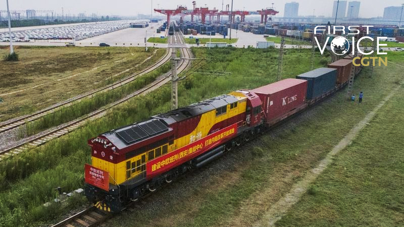 Aerial photo taken on August 12, 2020 shows a China-Europe freight train leaving for Milan, Italy from the Xinzhu Railway Station in Xi'an, northwest China's Shaanxi Province. /Xinhua
