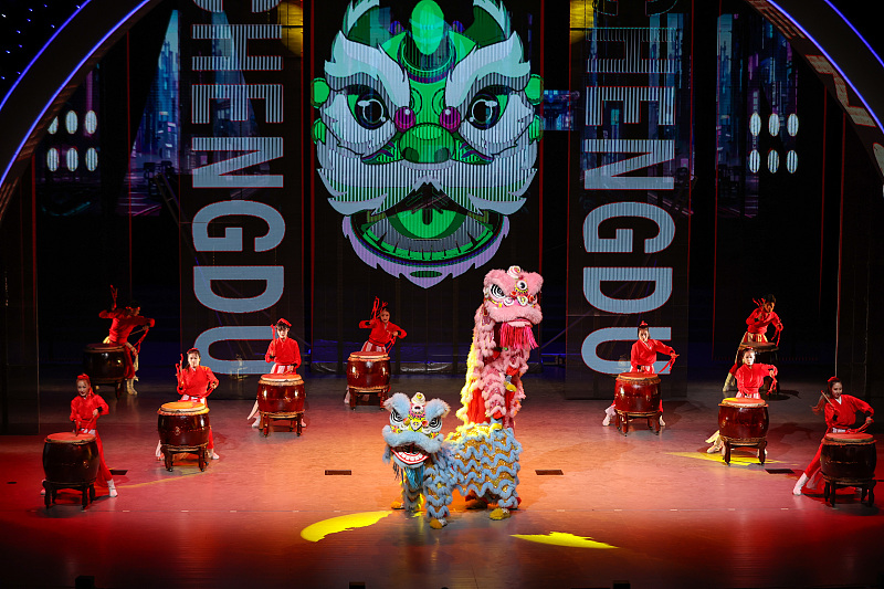 A lion dance is performed during a show to celebrate the Chengdu 2021 Summer World University Games in Chengdu City, Sichuan Province, August 2, 2023. /CFP