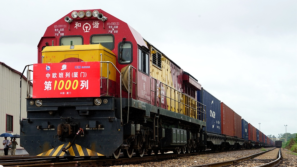 The 1,000th China-Europe freight train departs from Xiamen City, east China's Fujian Province, June 2, 2021. /CFP