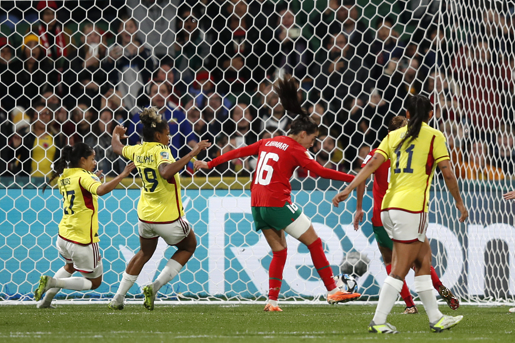 Anissa Lahmari (#16) of Morocco shoots to score a goal during the Women's World Cup group match between Morocco and Colombia in Perth, Australia, August 3, 2023. /CFP