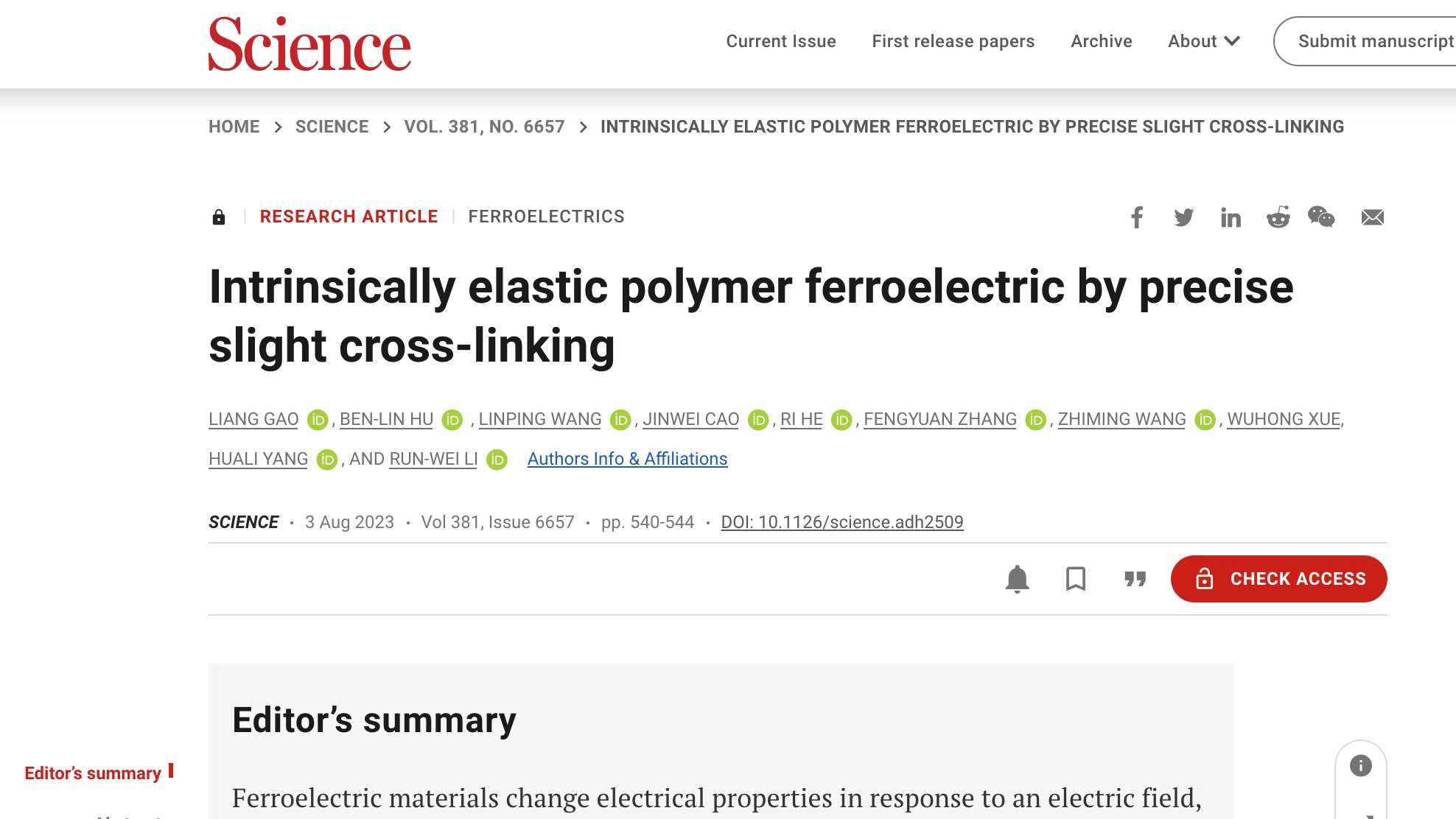 Results of the elastic ferroelectric material is posted by Science on August 3, 2023. 