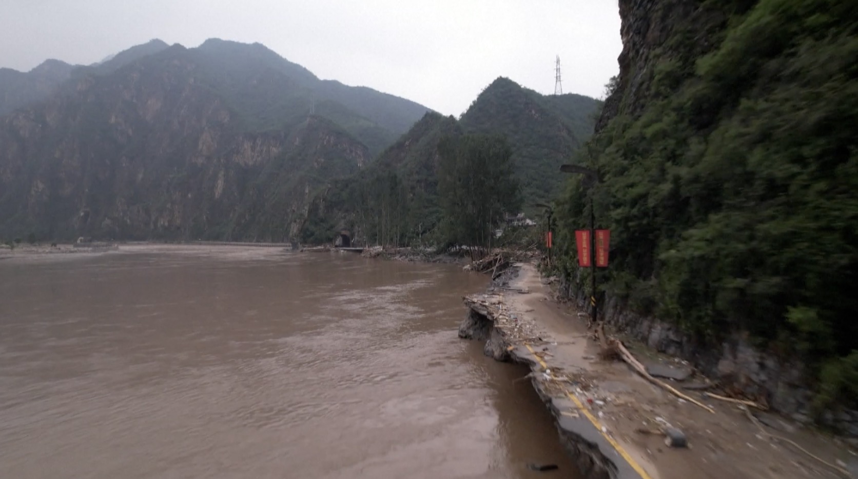 A flood-hit village in Laishui County, Baoding City, Hebei Province. /CGTN