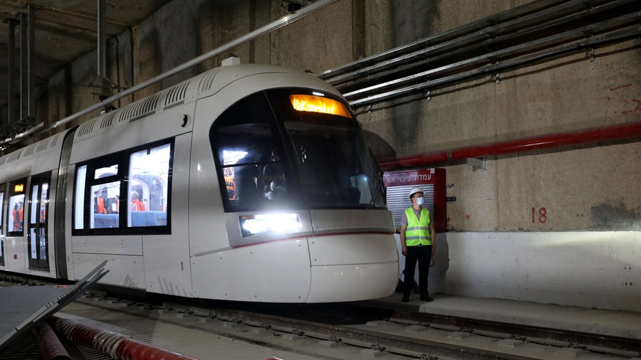 A train is seen during an official test of Tel Aviv light rail Red Line project in Tel Aviv, Israel, October 20, 2021. /Xinhua