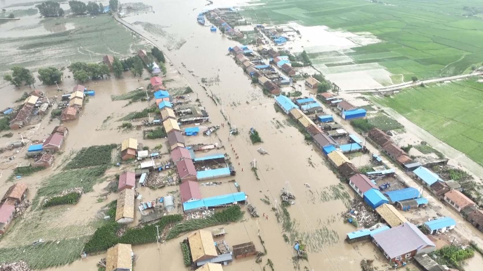 Flooded farmland in the village in Shulan City, Jilin Province, northeast China. /CGTN