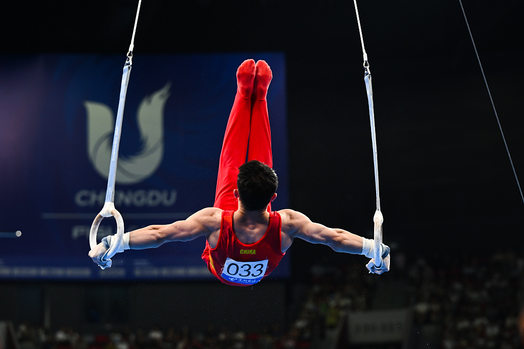 Lan Xingyu of China competes in the men's rings final during the World University Games in Chengdu, China, August 5, 2023. /CFP