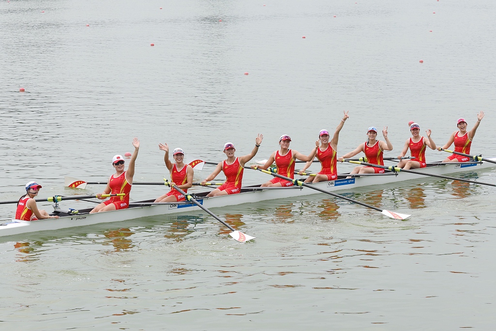 Rowers of Team China celebrate their victory in the women's eight final at the World University Games in Chengdu, China, August 6, 2023. /CFP