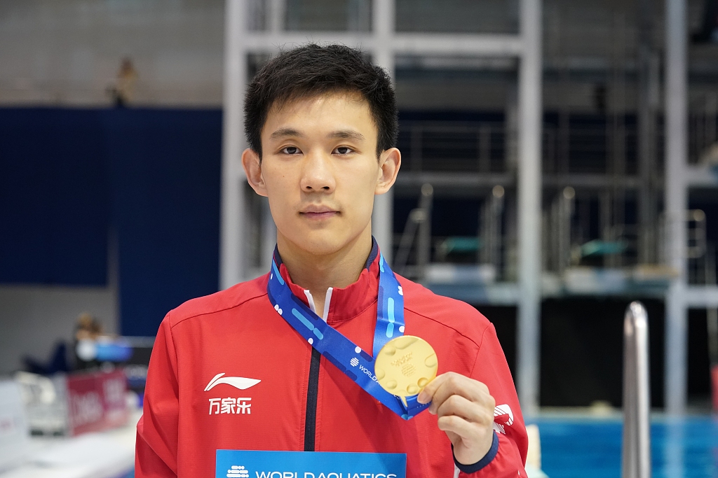 Yang Hao of China wins the men's 10-meter platform gold medal at the World Aquatics Diving World Cup Super Final in Berlin, Germany, August 6, 2023. /CFP
