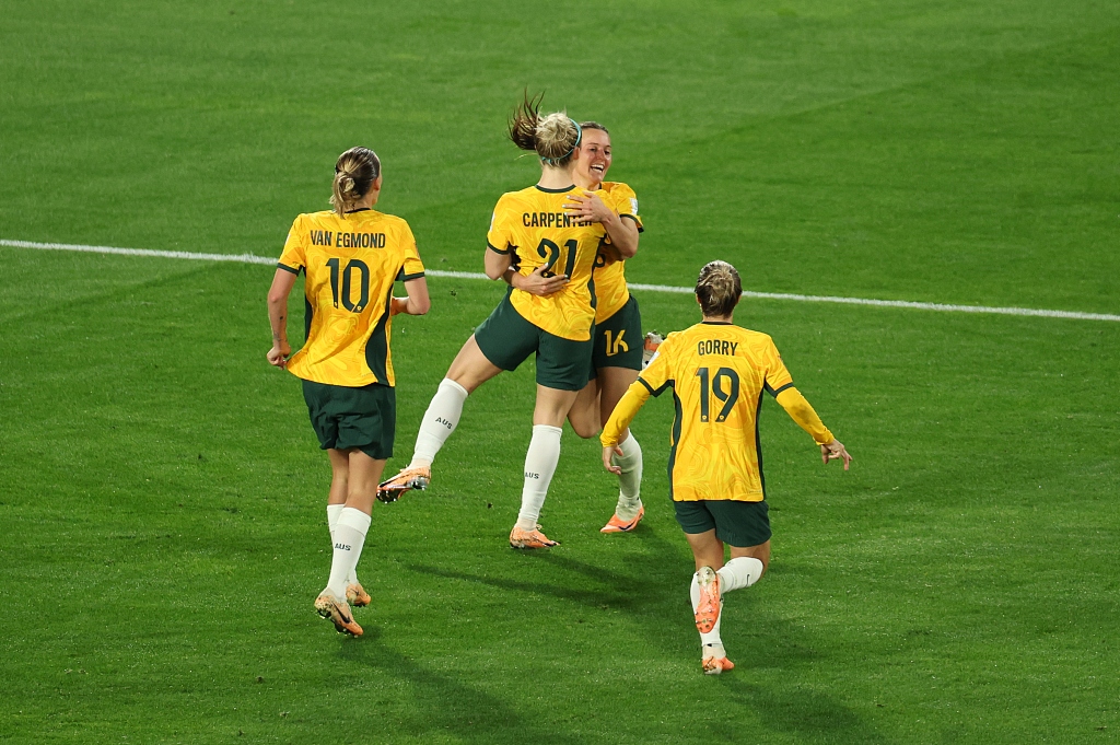 Players of Australia celebrate after scoring a goal in the Round of 16 game against Denmark in the FIFA Women's World Cup at Stadium Australia in Sydney, Australia, August 7, 2023. /CFP