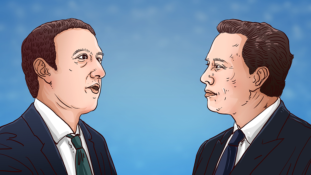 A cartoon of Zuck vs. Musk fight: Mark Zuckerberg (L) and Elon Musk. /CFP