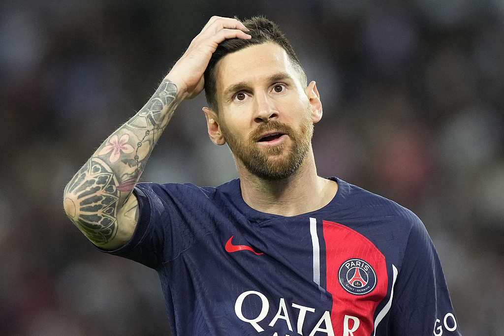 Lionel Messi of Paris Saint-Germain looks on in the Ligue 1 game against Clermont Foot 63 at the Parc des Princes in Paris, France, June 3, 2023. /CFP