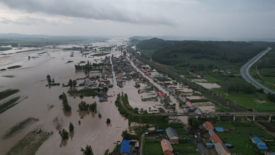 Aerial view of the flood-affected Wanshan Village of Yimianpo Town in Shangzhi City, Harbin, northeast China's Heilongjiang Province, August 4, 2023. /Xinhua 
