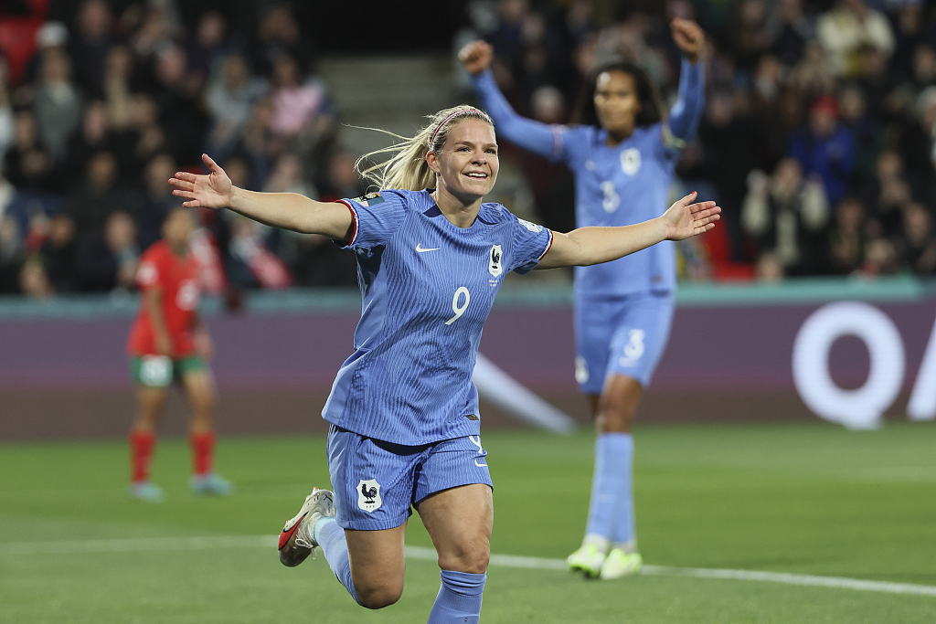 Eugenie Le Sommer (#9) of France celebrates after scoring a goal in the Round of 16 game against Morocco at the FIFA Women's World Cup at Hindmarsh Stadium in Adelaide, Australia, August 8, 2023. /CFP