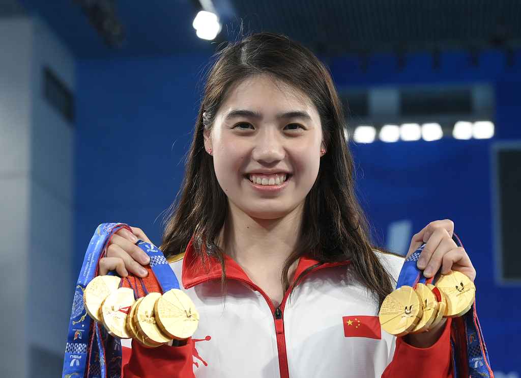 Zhang takes nine gold medals at the 31st International University Sports Federation (FISU) World University Games in Chengdu, southwest China's Sichuan Province, August 7, 2023. /CFP