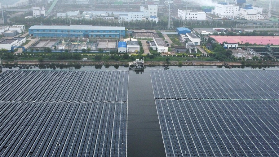 This aerial photo shows a solar power plant of the Rockcheck Group in Tianjin, north China, July 13, 2023. /Xinhua