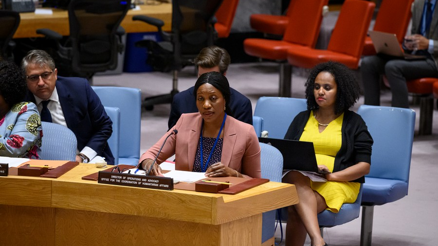 Edem Wosornu (Front), director of operations and advocacy in the Office for the Coordination of Humanitarian Affairs, speaks at a UN Security Council meeting at the UN headquarters in New York, U.S., August 9, 2023. /Xinhua
