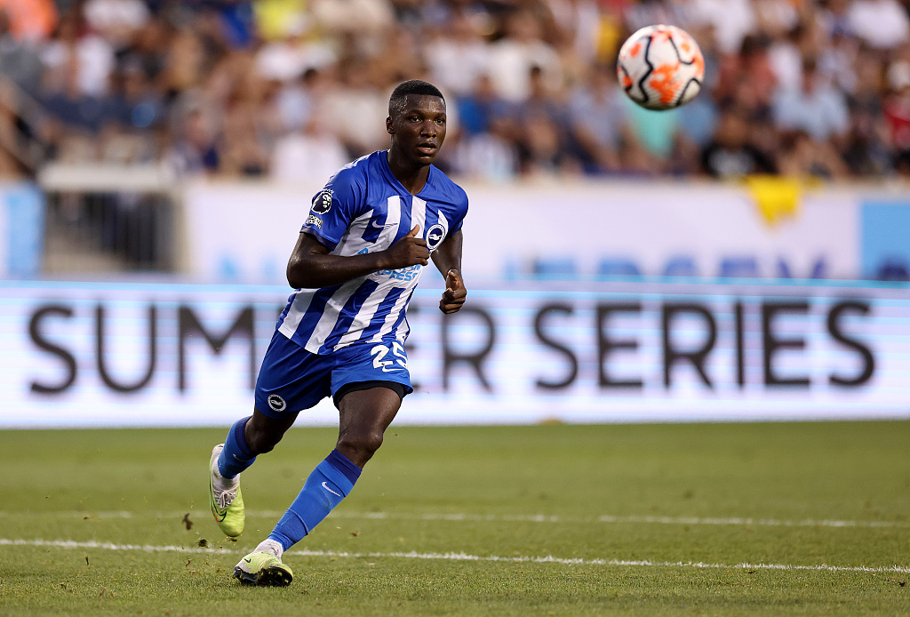 Moises Caicedo of Brighton chases the ball in the pre-season friendly against Newcastle United at Red Bull Arena in Harrison, New Jersey, July 28, 2023. /CFP 