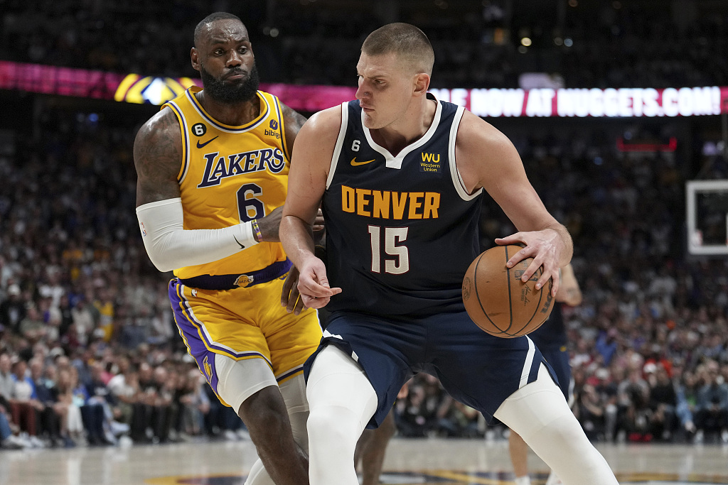LeBron James (#6) of the Los Angeles Lakers guards Nikola Jokic of the Denver Nuggets in Game 2 of the NBA Western Conference Finals at Ball Arena in Denver, Colorado, May 18, 2023. /CFP